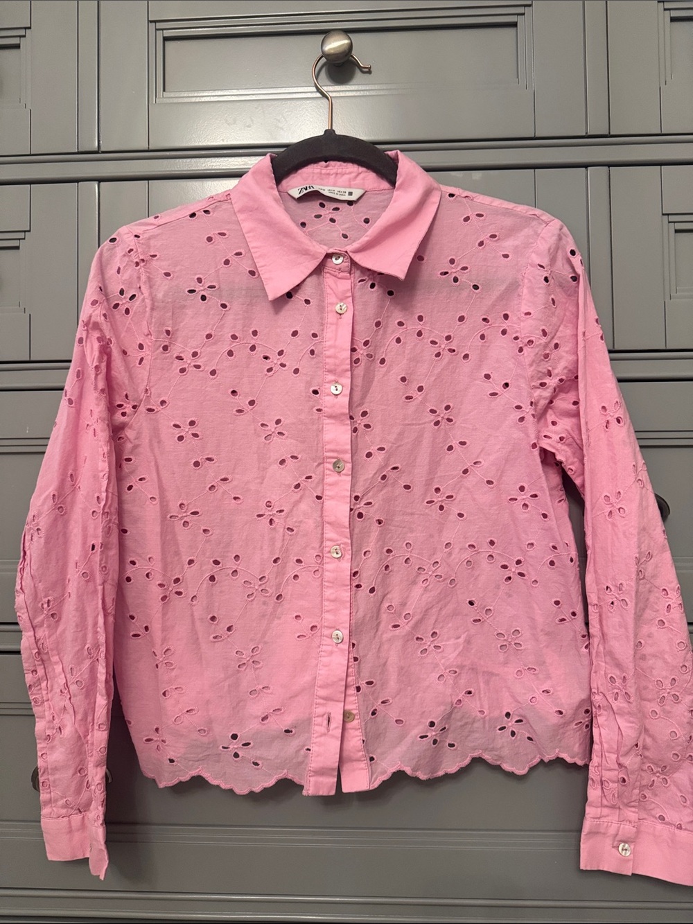 Zara Pink Eyelet Button-Down Collared Shirt